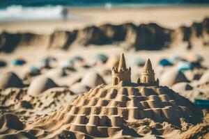 ein Sand Schloss auf das Strand mit ein Schloss im das Hintergrund. KI-generiert foto