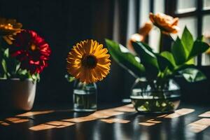 Blumen im Vasen auf ein Tisch. KI-generiert foto