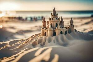 Sand Schloss auf das Strand beim Sonnenuntergang. KI-generiert foto