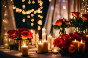Kerzen und rot Rosen auf ein Tabelle mit Beleuchtung. KI-generiert foto