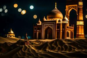 ein Moschee im das Wüste mit Beleuchtung An. KI-generiert foto