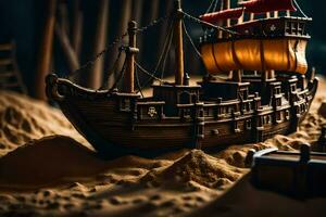 Foto Hintergrund das Sand, Schiff, Schiff, Pirat, Schatz, Schatz Brust, Schiff, Schiff. KI-generiert