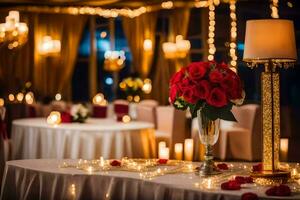 ein Hochzeit Rezeption Tabelle mit Kerzen und rot Rosen. KI-generiert foto