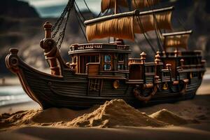 ein Modell- von ein Pirat Schiff auf das Strand. KI-generiert foto