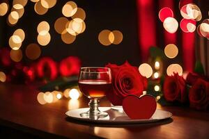 ein Glas von Wein und ein Rose auf ein Tisch. KI-generiert foto