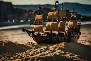 ein Modell- von ein Pirat Schiff auf das Strand. KI-generiert foto