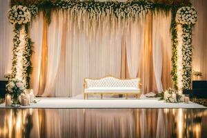 ein Hochzeit Bühne mit Weiß und Gold Dekor. KI-generiert foto