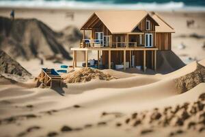 ein Miniatur Haus auf das Strand mit Sand Dünen. KI-generiert foto
