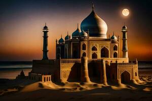 das taj Mahal ist ein Sand Schloss im das Wüste. KI-generiert foto