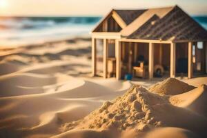 ein Miniatur Haus auf das Strand. KI-generiert foto