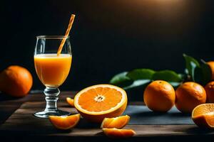 Orange Saft im ein Glas mit Scheiben von Orangen. KI-generiert foto