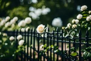 Weiß Rosen sind wachsend auf ein schwarz Zaun. KI-generiert foto