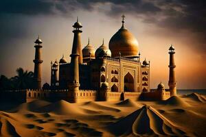 das taj Mahal ist ein schön Gebäude im das Wüste. KI-generiert foto