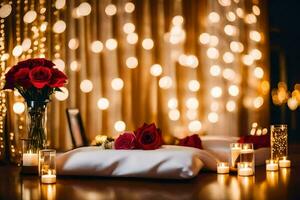 ein Tabelle mit Kerzen und Rosen auf Es. KI-generiert foto