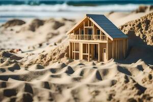 ein Miniatur hölzern Haus sitzt im das Sand. KI-generiert foto