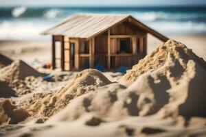 ein klein hölzern Haus sitzt im das Sand auf das Strand. KI-generiert foto