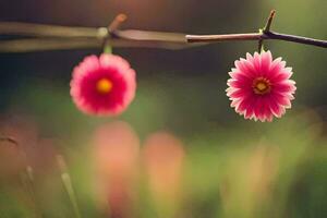 zwei Rosa Blumen sind hängend von ein Ast. KI-generiert foto