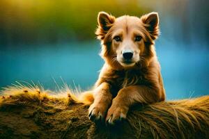 ein Hund Sitzung auf oben von ein Felsen. KI-generiert foto