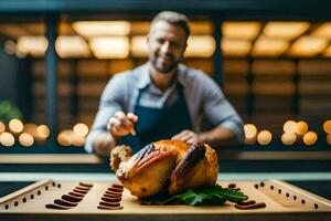 ein Mann ist vorbereiten ein geröstet Truthahn auf ein Schneiden Tafel. KI-generiert foto