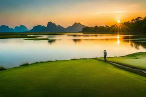 ein Mann Stehen auf ein Golf Kurs beim Sonnenuntergang. KI-generiert foto