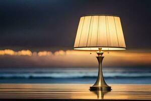 ein Lampe auf ein Tabelle im Vorderseite von das Ozean. KI-generiert foto