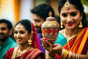 ein Frau im traditionell indisch Kleid halten ein Topf. KI-generiert foto