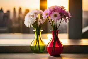 zwei Vasen mit Blumen auf ein Fenster Schwelle. KI-generiert foto