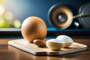 Eier und Mandeln auf ein Schneiden Tafel. KI-generiert foto