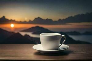 Kaffee Tasse auf das Tisch, das Sicht, Sonnenaufgang, Berge, hd Hintergrund. KI-generiert foto