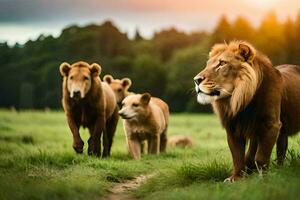 Löwen Gehen im ein Feld. KI-generiert foto