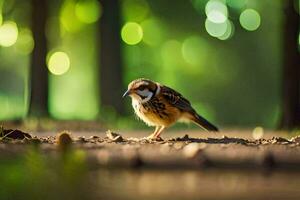 ein klein Vogel Stehen auf das Boden im das Wald. KI-generiert foto