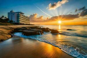 das Sonnenaufgang oder Sonnenuntergang wie gesehen von das Hotel oder nahe. KI-generiert foto