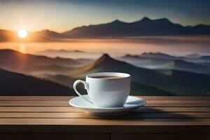 Kaffee Tasse auf das Tabelle mit Berge im das Hintergrund. KI-generiert foto