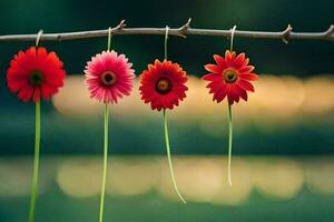 vier rot Blumen hängend von ein Ast. KI-generiert foto