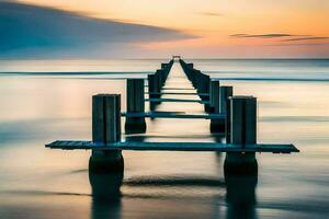 ein lange Exposition fotografieren von ein Seebrücke im das Ozean. KI-generiert foto