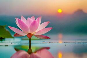 Lotus Blume, das Sonne, Sonnenaufgang, Wasser, Betrachtung, hd Hintergrund. KI-generiert foto