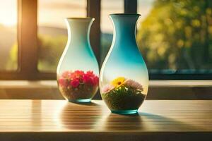 zwei Vasen mit Blumen auf ein Tisch. KI-generiert foto