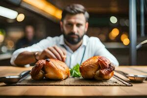 ein Mann ist vorbereiten zwei geröstet Hühner auf ein Tisch. KI-generiert foto