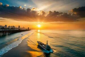 ein Boot Reisen entlang das Ozean beim Sonnenuntergang. KI-generiert foto