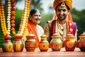 ein Paar im traditionell indisch Kleidung sind Stehen Nächster zu bunt Töpfe. KI-generiert foto