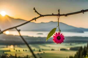 ein Rosa Blume hängt von ein Ast im Vorderseite von ein Berg. KI-generiert foto