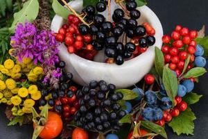 Alternativmedizin mit pharmazeutischen Kräutern Früchten und Beeren foto