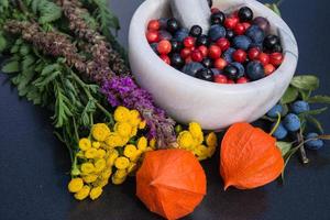 Alternativmedizin mit pharmazeutischen Kräutern Früchten und Beeren foto