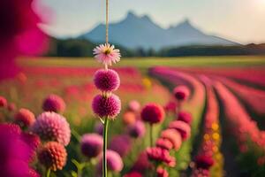 ein Blume im ein Feld mit Berge im das Hintergrund. KI-generiert foto