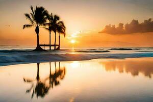 Palme Bäume auf das Strand beim Sonnenuntergang. KI-generiert foto