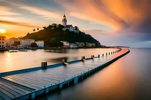 ein Seebrücke mit ein Kirche auf oben von es beim Sonnenuntergang. KI-generiert foto