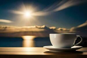 Kaffee Tasse auf das Tisch, Sonnenaufgang, das Meer, das Himmel, das Horizont, Die. KI-generiert foto