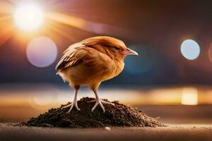 ein klein Vogel Stehen auf oben von ein Stapel von Schmutz. KI-generiert foto