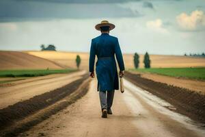 ein Mann im ein Blau passen und Hut Spaziergänge Nieder ein Schmutz Straße. KI-generiert foto