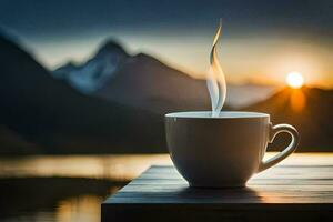 ein Tasse von Kaffee auf ein hölzern Tabelle im Vorderseite von ein See mit Berge im das Hintergrund. KI-generiert foto